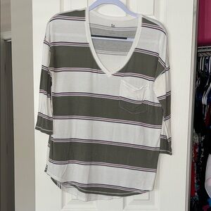 SO Olive and White Striped V-Neck Pocket Long Sleeve Top
